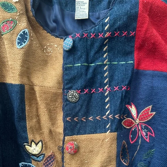 Patchwork Embroidered Jacket - Navy, Red, Tan - Picture 2 of 4